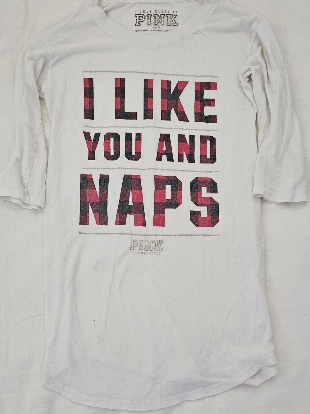 Y2k PINK Victoria's Secret White Long-Sleeve Graphic Tee - "I Like You and Naps"